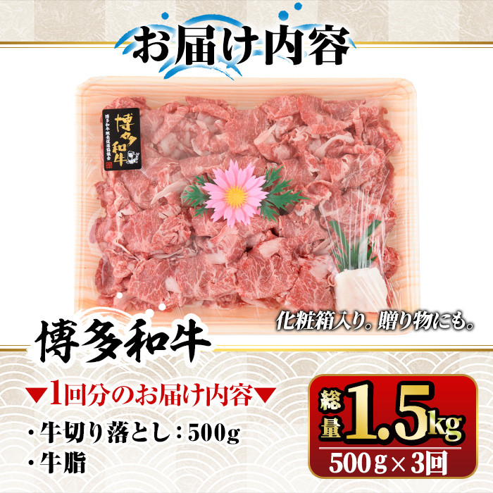 【ksg1368】＜定期便・全3回(連続)＞博多和牛A5～A4 切り落とし(総量1.5kg) 牛肉 黒毛和牛 国産 霜降り化粧箱 贈答 ギフト プレゼント ＜離島配送不可＞【マル五】