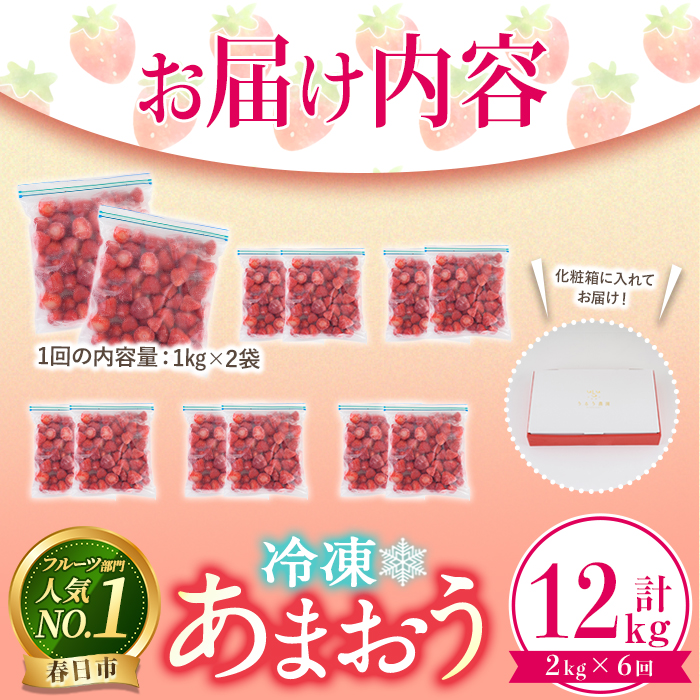 ＜先行予約受付中！2026年2月より順次発送・全6回定期便(隔月)＞冷凍あまおう（計12kg:2kg×6回) いちご イチゴ 苺 あまおう 冷凍いちご 冷凍イチゴ 国産 福岡県 果物 フルーツ アイス ジャム 冷凍フルーツ ＜離島配送不可＞【ksg1787】【うるう農園】