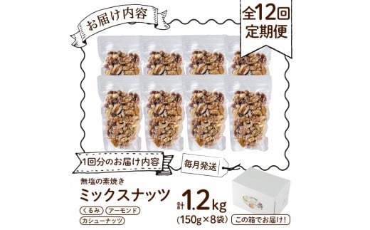 ＜定期便・全12回(連続)＞無塩の素焼きミックスナッツ(総量14.4kg・約1.2kg×12回)くるみ クルミ 胡桃 アーモンド カシューナッツ ミックスナッツ 食塩不使用 素焼き ノンオイル 油不使用 おつまみ おやつ 小分け 常温 常温保存 ロカボ 低GI チャック付き【ksg0615-B】【nono's muffin】