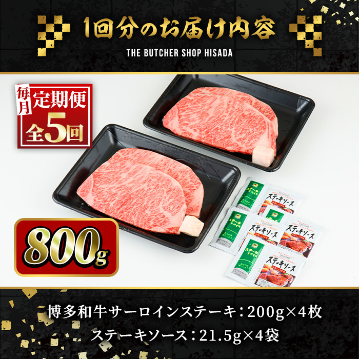 ＜定期便・全5回(連続)＞博多和牛サーロインステーキ(総量20枚・4kg・約200g×4枚 ×5回)ステーキ 牛肉 黒毛和牛 国産＜離島配送不可＞【ksg0850】【久田精肉店】