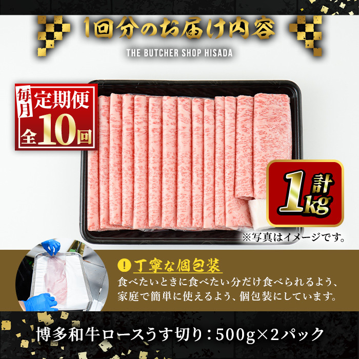 ＜定期便・全10回(連続)＞博多和牛ロースうす切り(総量10kg・約1kg×10回) 牛肉 黒毛和牛 国産 すき焼き しゃぶしゃぶ 肉じゃが カレー 焼肉 ＜離島配送不可＞【ksg0994】【久田精肉店】