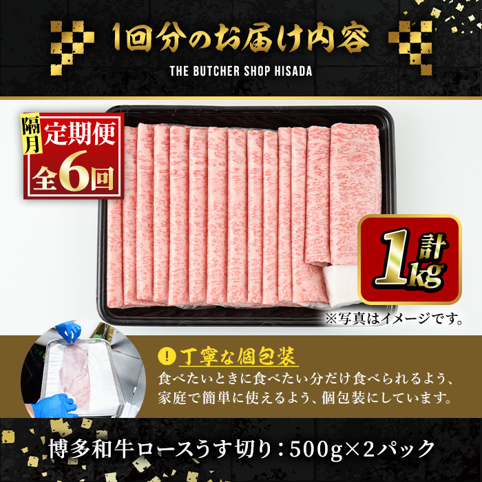＜定期便・全6回(隔月)＞博多和牛ロースうす切り(総量6kg・約1kg×6回) 牛肉 黒毛和牛 国産 すき焼き しゃぶしゃぶ 肉じゃが カレー 焼肉 ＜離島配送不可＞【ksg1006】【久田精肉店】