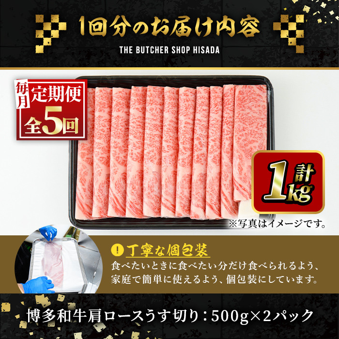 ＜定期便・全5回(連続)＞博多和牛肩ロースうす切り(総量5kg・約1kg×5回) 牛肉 黒毛和牛 国産 すき焼き しゃぶしゃぶ 肉じゃが カレー 焼肉 ＜離島配送不可＞【ksg1114】【久田精肉店】