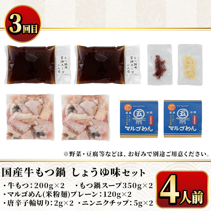 【ksg1377】＜定期便・全3回(連続)＞もつ鍋と水炊きのおいしい定期便(総量12人前・4人前×3回) ＜離島配送不可＞【マル五】