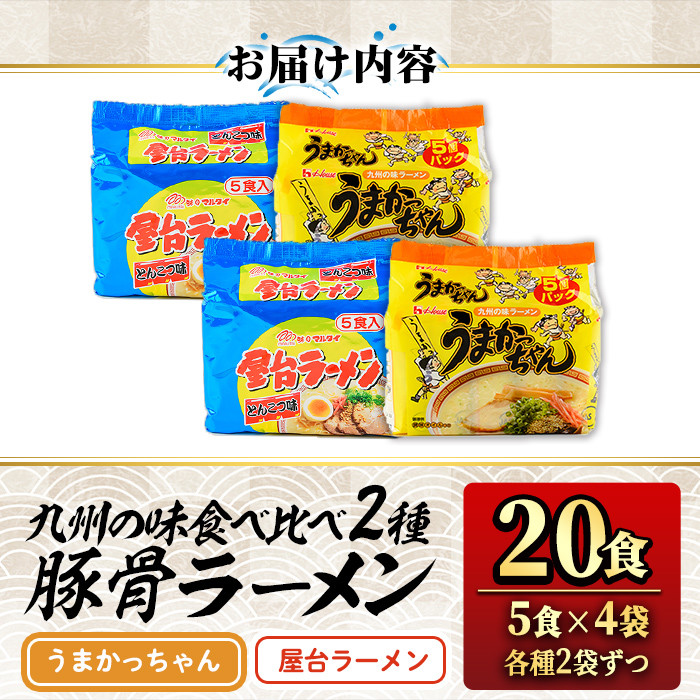 九州の味食べ比べ！豚骨ラーメン2種・合計20食(5食×2袋・各種2袋ずつ)ラーメン 豚骨 とんこつ 細麺 常温 常温保存 非常食【ksg1562】【マル五】