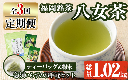 【ksg1374】＜定期便・全3回(連続)＞福岡銘茶八女茶 急須要らずのお手軽セット(便利なチャック付)(総量1.02kg)【マル五】