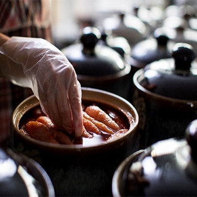 福ふく　だし仕込み壺漬け明太子(150g)小石原焼の壺入り【配送不可地域：離島】