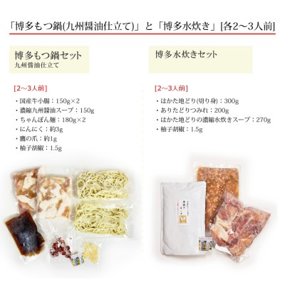 博多の人気2大鍋のセット「九州醤油もつ鍋」と「博多水炊き(切り身)」各2～3人前【配送不可地域：離島】