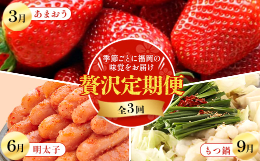 【発送月固定定期便】季節ごとに福岡の味覚をお届け!あまおう・明太子・もつ鍋の贅沢定期便全3回【配送不可地域：離島】