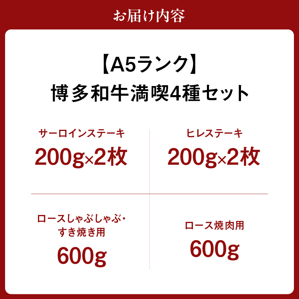 【A5ランク】博多和牛満喫4種セット（ヒレステーキ/サーロインステーキ/しゃぶしゃぶ・すき焼き/焼肉） 総重量2.0kg【伊豆丸商店】_HA0196