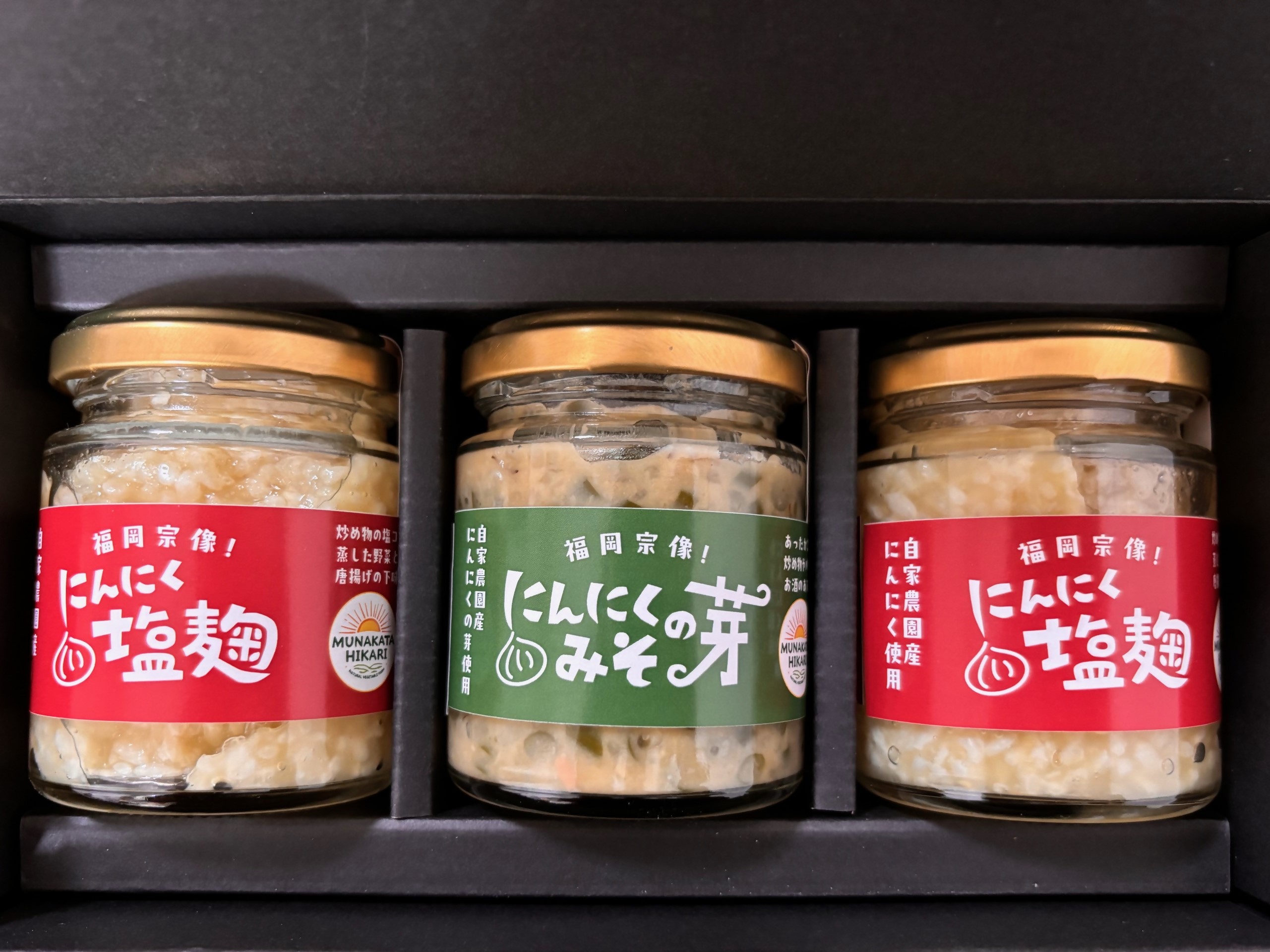 にんにく塩麴 130g×2本　にんにくの芽みそ120g×1本（自然栽培のにんにくシリーズ）【むなかたひかり】_HA1597