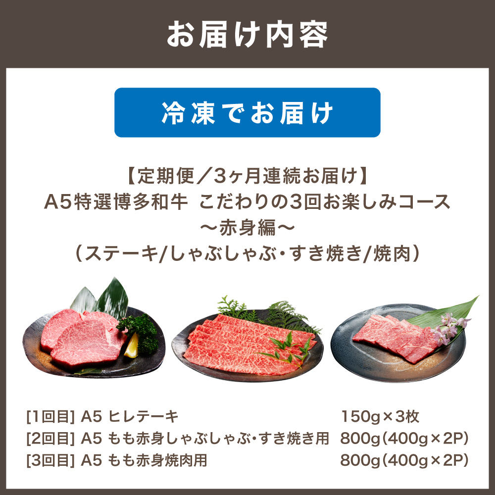 【定期便／3ヶ月連続お届け】A5特選博多和牛　こだわりの3回お楽しみコース～赤身編～（ステーキ/しゃぶしゃぶ・すき焼き/焼肉）【伊豆丸商店】_HB0035