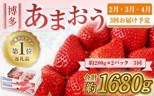 【定期便／3ヶ月連続お届け】アフター保証 博多あまおう 約280g×2パック 計3回 総量1.68kg 3カ月定期便【JAほたるの里】_HB0075