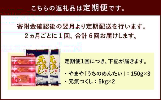 【定期便6回】 やまやの 訳あり 明太切子 450gと お米 元気つくし 10kgのセット 明太子 精米