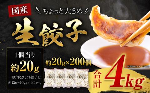 訳あり！ ちょっと大きめ 国産 生餃子 (ラー麦使用) 200個 (50個×4袋) 合計4kg ギョウザ 惣菜 おかず 冷凍