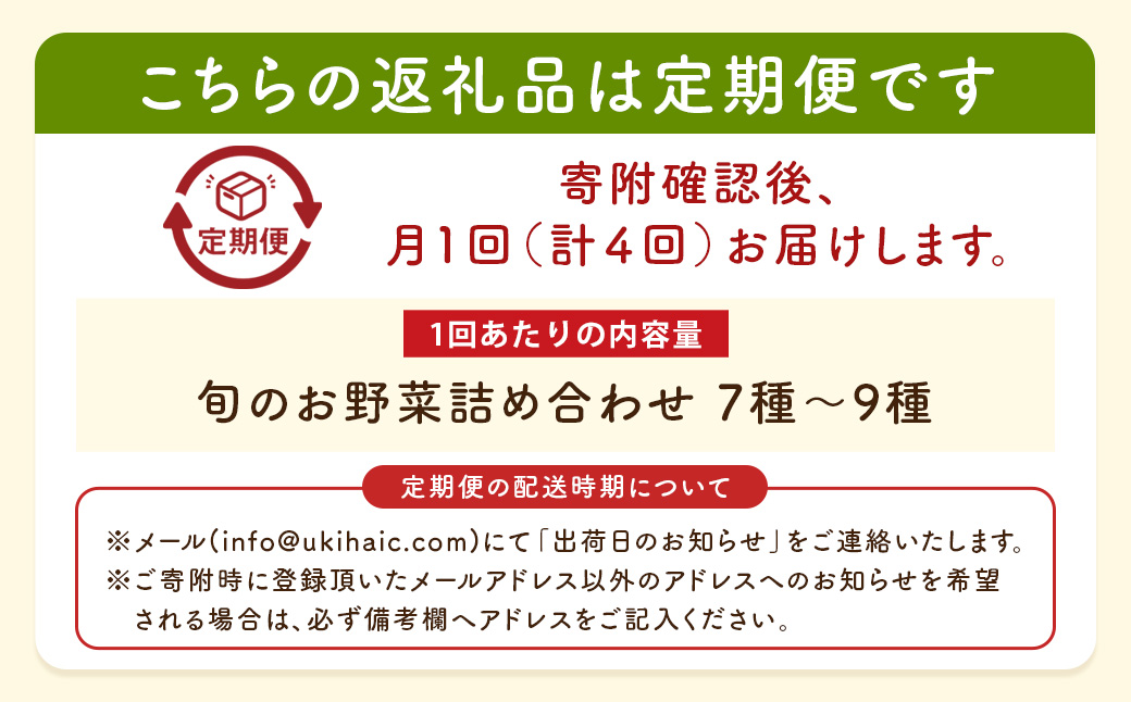 【月イチ定期便】UIC 名水うきはの無農薬減農薬お野菜セット (ひと月1箱×4か月=計4回)