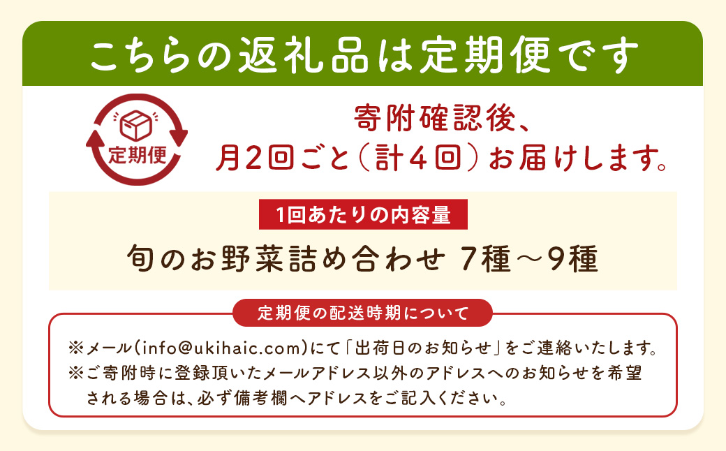 【月2回定期便】UIC 名水うきはの無農薬減農薬お野菜セット (ひと月2回×2か月=計4回)