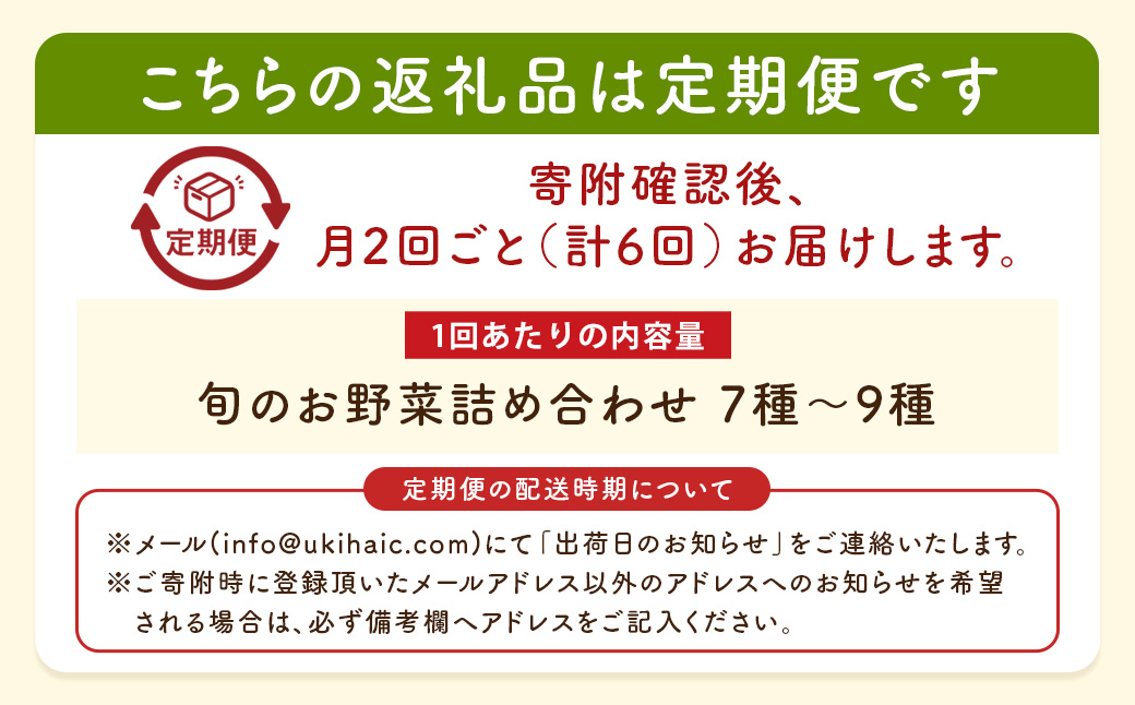 【月2回定期便】UIC 名水うきはの無農薬減農薬お野菜セット (ひと月2回×3か月=計6回)