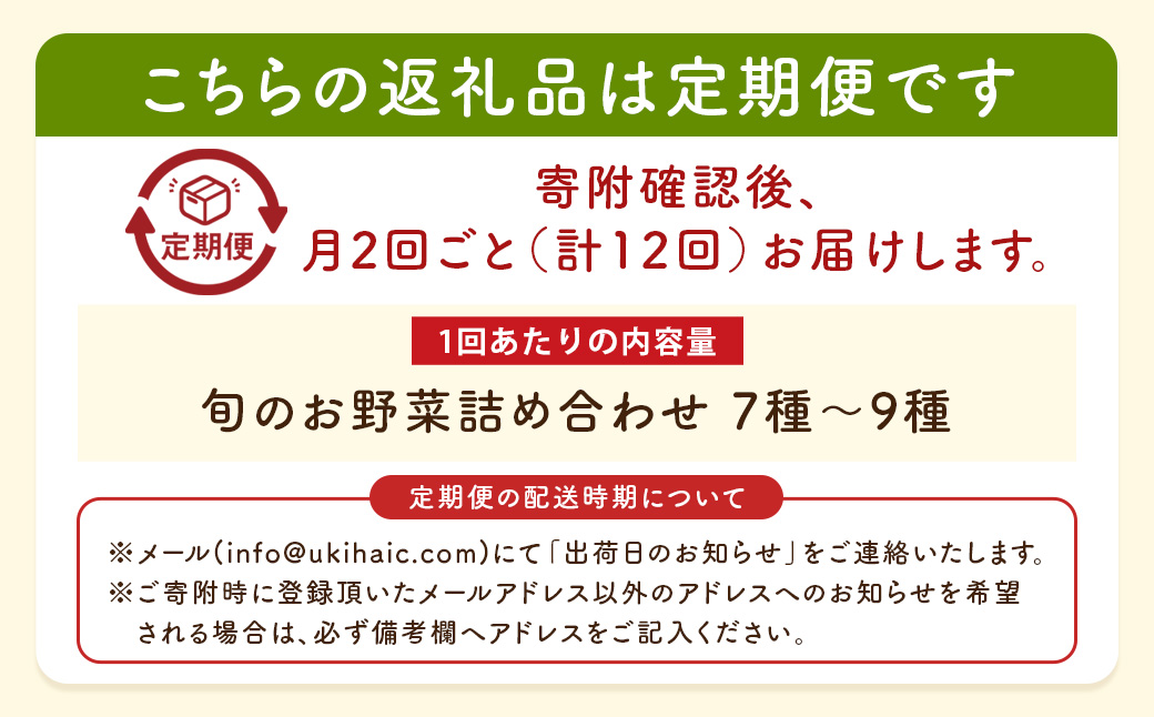 【月2回定期便】UIC 名水うきはの無農薬減農薬お野菜セット (ひと月2回×半年間=計12回)