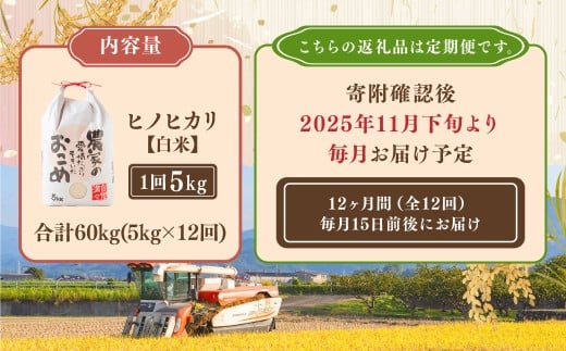 【定期便】日永園 ヒノヒカリ 白米5kg×12ヶ月 【2025年11月下旬より発送予定】 米 お米 ご飯  うきは市
