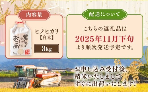 日永園 ヒノヒカリ 白米3kg 【2025年11月下旬より発送予定】 米 お米 ご飯  うきは市