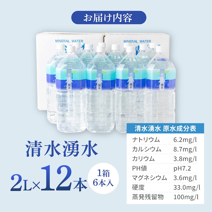 【赤ちゃんも安心して飲める】清水湧水 軟水 2L 計12本 (6本×2箱) 非加熱殺菌 ミネラルウォーター【株式会社清水】天然水の風味を損なわないよう非加熱殺菌 天然水 水 軟水 ペットボトル 2L 2リットル