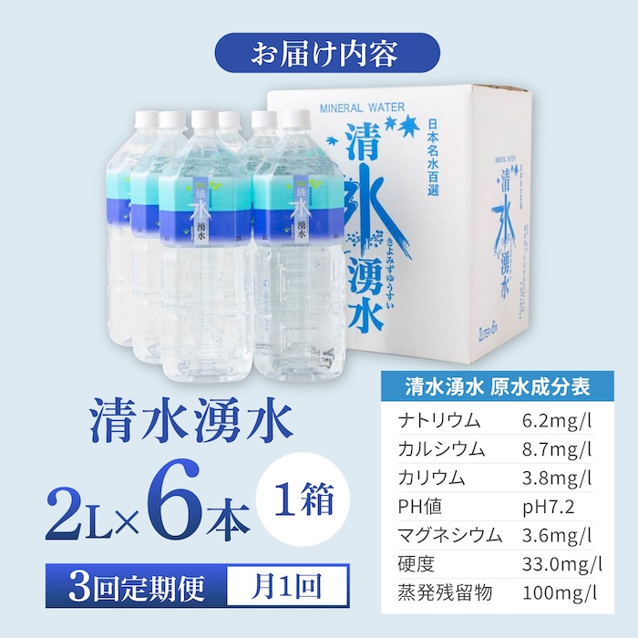 【3回定期便】赤ちゃんも安心して飲める 清水湧水 軟水 2L 計6本 (6本×1箱) 非加熱殺菌 ミネラルウォーター【株式会社清水】天然水の風味を損なわないよう非加熱殺菌 天然水 水 軟水 ペットボトル 2L 2リットル 定期便