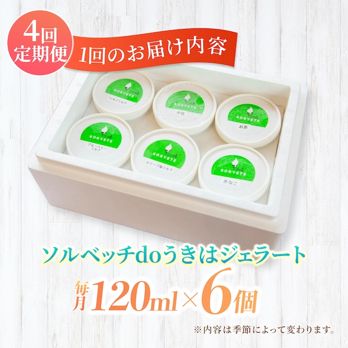 【年4回定期便】ソルベッチdoうきは ジェラート120ml×6個セット【ソルベッチdoうきは】着色料不使用 ノンホモ牛乳使用 ジェラート アイス 旬 スイーツ 詰め合わせ セット シャーベット ミルク フルーツ デザート 定期便