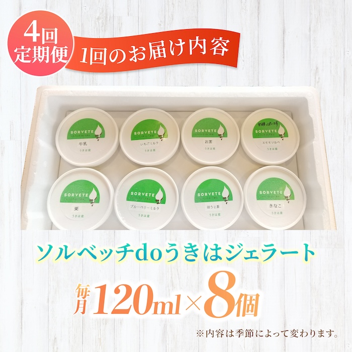 【年4回定期便】果樹園が作る 素材の味を楽しめる 旬のジェラート 120ml×8個セット【ソルベッチdoうきは】着色料不使用 ノンホモ牛乳使用 ジェラート アイス 旬 スイーツ 詰め合わせ セット シャーベット ミルク フルーツ デザート 定期便