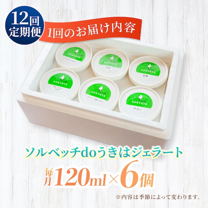 【12回定期便】果樹園が作る 素材の味を楽しめる 旬のジェラート 120ml×6個セット【ソルベッチdoうきは】着色料不使用 ノンホモ牛乳使用 ジェラート アイス 旬 スイーツ 詰め合わせ セット シャーベット ミルク フルーツ デザート 定期便