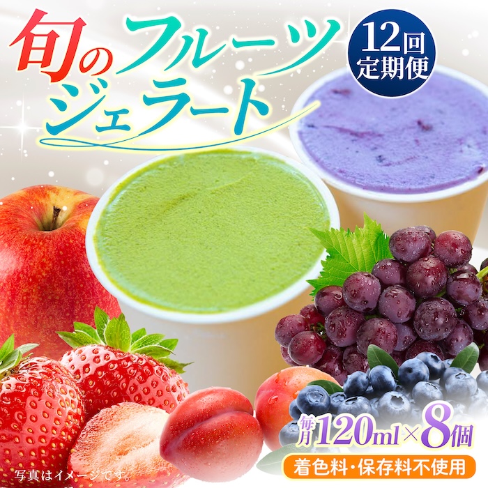 【12回定期便】果樹園が作る 素材の味を楽しめる 旬のジェラート 120ml×8個セット【ソルベッチdoうきは】着色料不使用 ノンホモ牛乳使用 ジェラート アイス 旬 スイーツ 詰め合わせ セット シャーベット ミルク フルーツ デザート 定期便