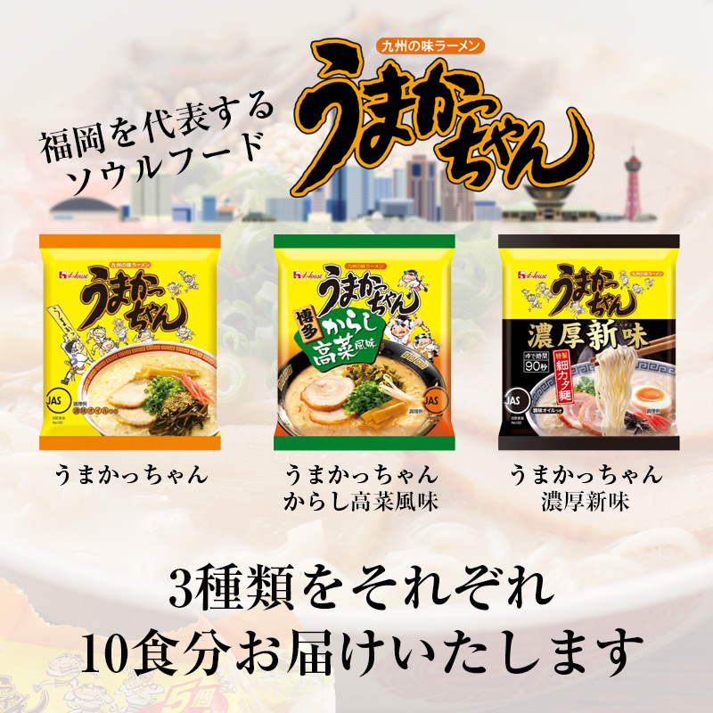 うまかっちゃんセット　30食（3種類✕各10食）[M244P1-5]　ラーメン 豚骨 インスタント 乾麺 即席麺 拉麺 保存食 九州 濃厚新味 高菜
