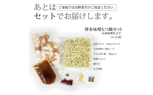 博多 もつ鍋 セット （九州 味噌 仕立て） 2～3人前 国産 牛もつ 300g