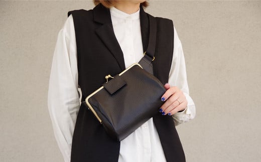 【ブラック】 本革 がま口 ボディバッグコンパクト&専用長財布セット ファッション 雑貨 バッグ かばん 鞄 ボディバッグ 財布 長財布 革