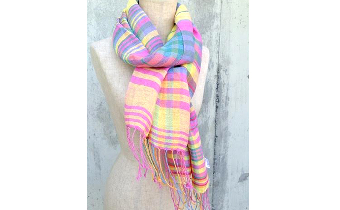 ito to iro 手染め・手織り仕上げ　「ストール」ピンクベースチェック（大判）