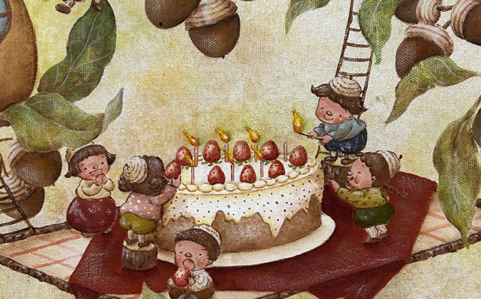 【一点物】絵画「どんぐり村のバースデーパーティー」 糸島市 / 工房はーべすと [AYA080]