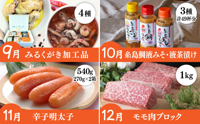 【全12回定期便】糸島ガッツリお楽しみ定期便（水炊き / しゃぶしゃぶ / チーズ / 卵 / ヨーグルト / ウインナー / 野菜 / お茶漬け / 明太子 / スイーツ / 牛肉 / 豚肉 ） 《糸島》 [AAH002]