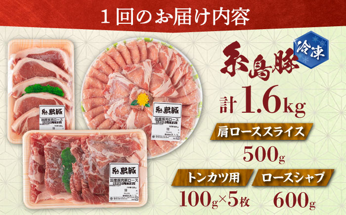 【全3回定期便】糸島豚 バラエティ セット(とんかつ、肩ロース、しゃぶしゃぶ) 1.6kg 糸島市 / トラヤミートセンター 豚肉 セット 大容量 [AJD021]