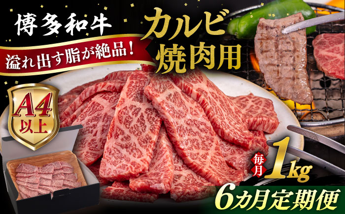 【全6回定期便】【A4/A5等級】博多和牛 カルビ 焼肉用 1kg 糸島市 / ヒサダヤフーズ 黒毛和牛 牛肉 焼き肉 雌牛 [AIA106]