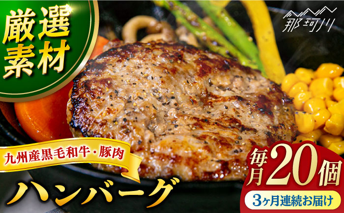 【全3回定期便】九州産黒毛和牛と九州産豚肉 ハンバーグ 20個セット＜なかがわ市場 うしじま＞那珂川市 [GAR015]