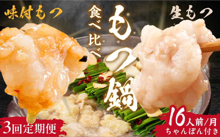 【全3回定期便】牛もつ合計1.6kg！もつ鍋食べ比べセット！16人前（生もつ・味付けもつ）＜株式会社natural factory＞那珂川市 鍋 鍋セット [GEA055]