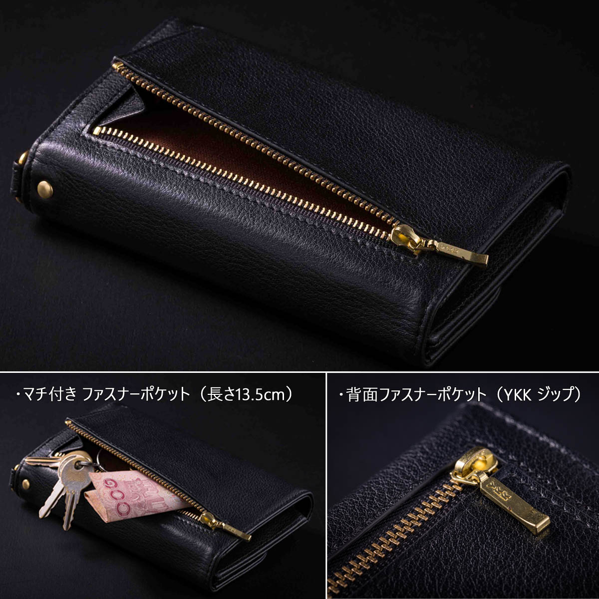 三つ折り財布 牛革 ミドルサイズ Dカン付 レザーウォレット  WZ012