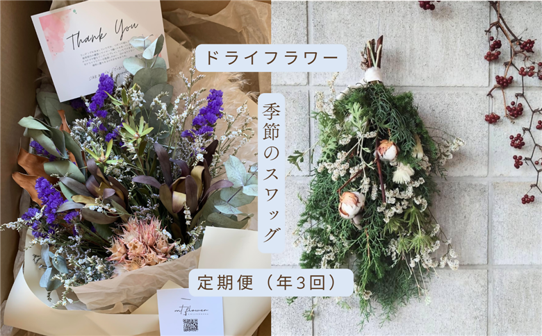 ドライフラワー季節の花定期便（年３回）（白・グリーン、ピンク、おまかせ）の3種よりランダムにお届け　XY003