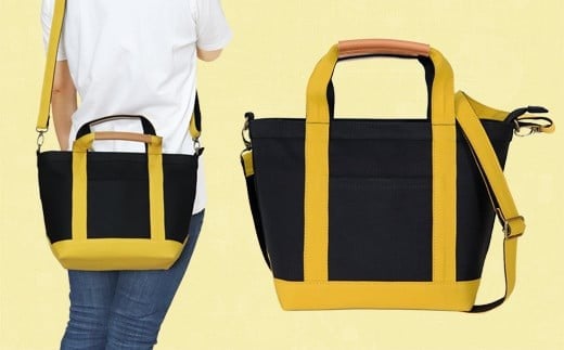 ワックス ショルダートートバッグ 帆布 本革持手 2way ブラック×イエロー WZ003-3 ブラック×イエロー