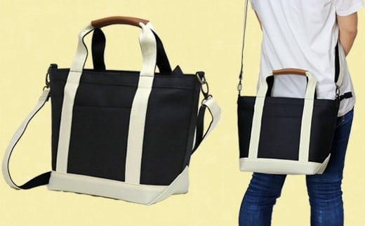 ワックス ショルダートートバッグ 帆布 本革持手 2way バッグ ブラック×クリーム WZ003-2 ブラック×クリーム