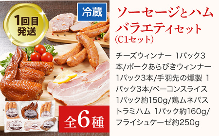 【頒布会】手造り ハムソーセージ C1・E1・O 3回お届け ウィンナー ソーセージ ハム 手羽先 燻製 チーズ あらびき ハンバーグ ソース ペッパー 餃子 生ウィンナー うえすたん セット 食べ比べ 詰め合わせ バラエティ