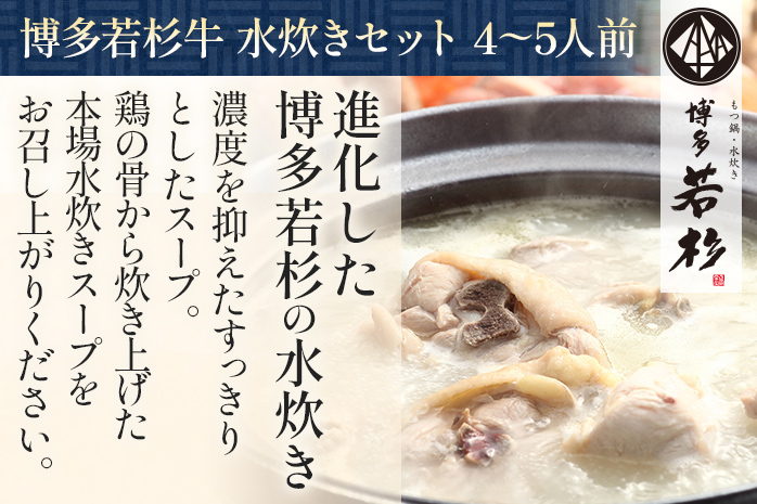 博多若杉 牛もつ鍋(醤油味) 4〜5人前 + 博多水炊き 4〜5人前 贅沢セット 鍋 牛もつ 小腸 ちゃんぽん コラーゲン スープ 国産 鳥もも肉 つくね 老舗 高級 食品 食べ物 グルメ 博多 九州 送料無料