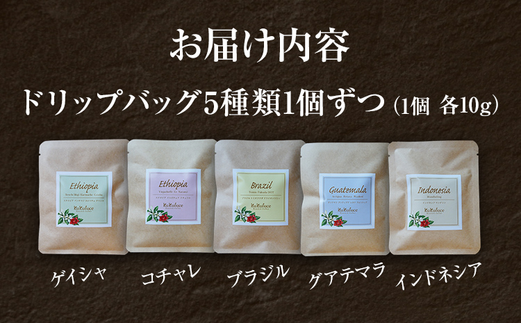 数量限定 コーヒー ドリップバッグ 5種類 無糖 送料無料 グァテマラ ブラジル インドネシア エチオピア コチャレ ゲイシャ 全種セット