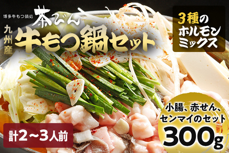もつ鍋セット 2～3人前 醤油味 3種のホルモンミックス 九州産 国産 ホルモン ミックス もつ 300g (小腸 180g・赤せん 72g・センマイ 48g) セット 黒毛和牛 スープ ちゃんぽん ごま 鷹の爪 ごま油 冷凍 取り寄せ