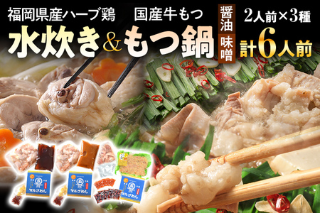 鶏水炊き&もつ鍋2種（醤油味・みそ味）満腹食べくらべ 各2人前 合計6人前 お取り寄せグルメ お取り寄せ 福岡 お土産 九州 福岡土産 取り寄せ グルメ 福岡県